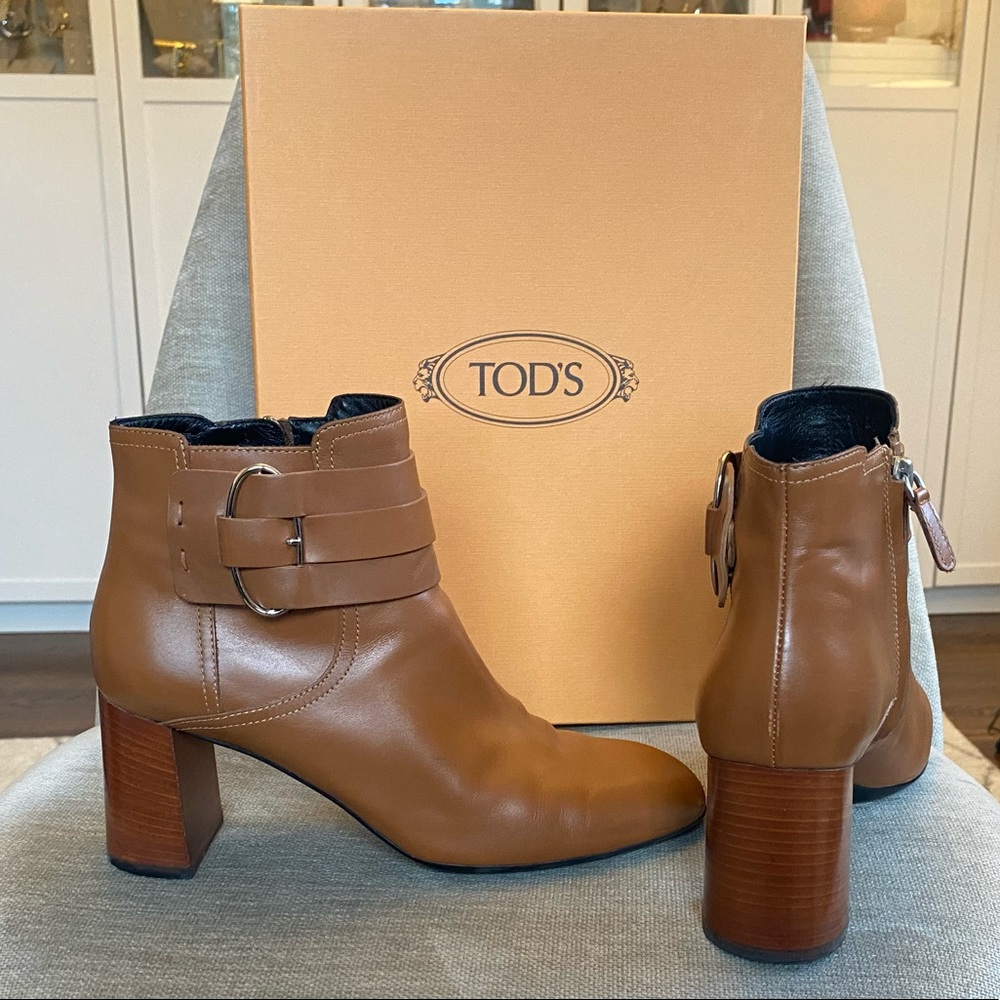 Tod’s Square Toe Retro Bootie in Cognac Leather
